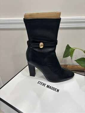 Steve Madden Black Leather Mid-Calf Heel Boot with Gold Accent
